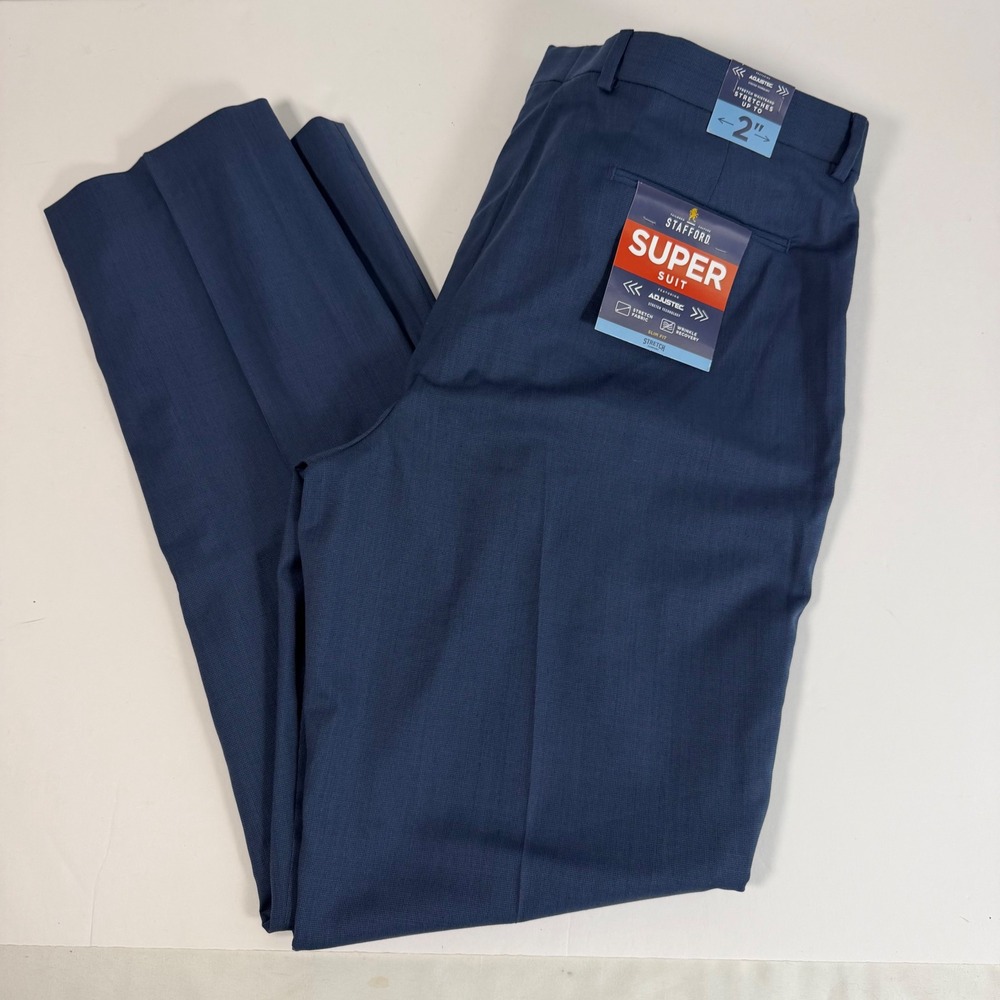 Stafford Super Suit Dress Pants 38x34 Blue Slim Fit Flex Waist Flat Front NWT